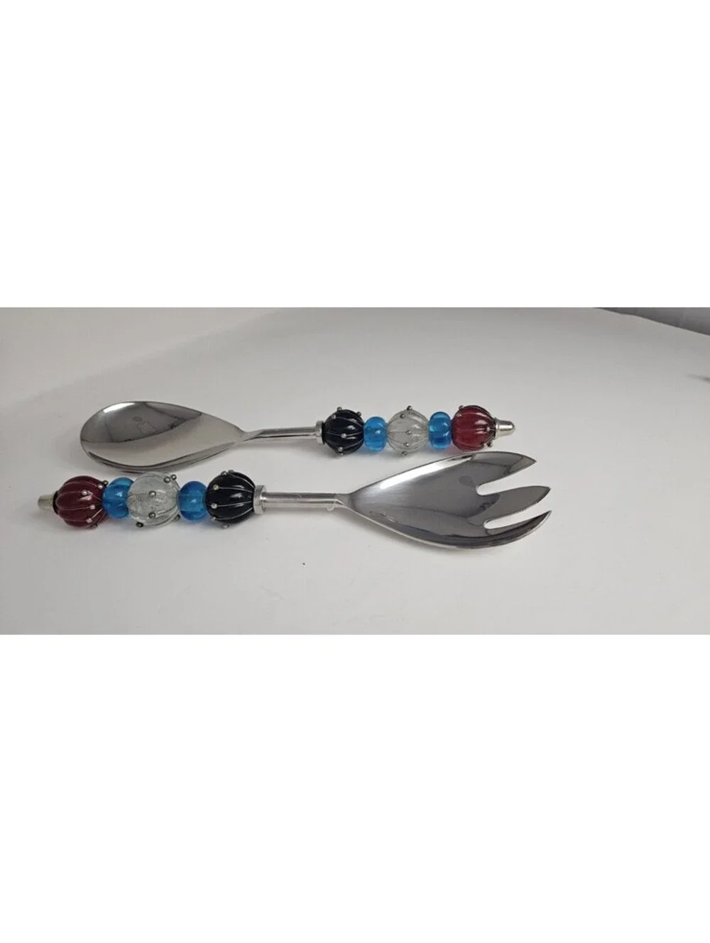 2 Piece Stainless Steel Salad Servers Set Glass Bead Handles Made In India